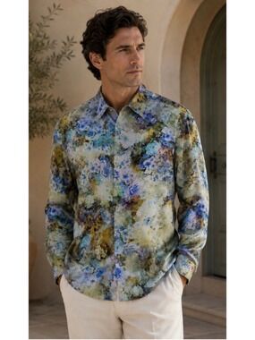 Men's Stenströms Floral Button Down Shirt, Blue Yellow 44/17.5 XL Luxury New